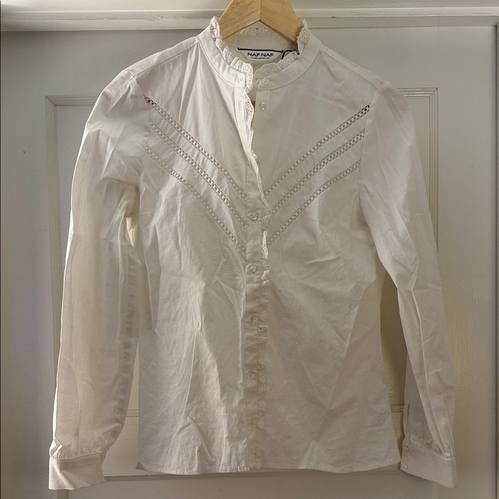 NAF NAF Cream Blouse with Lace Trim